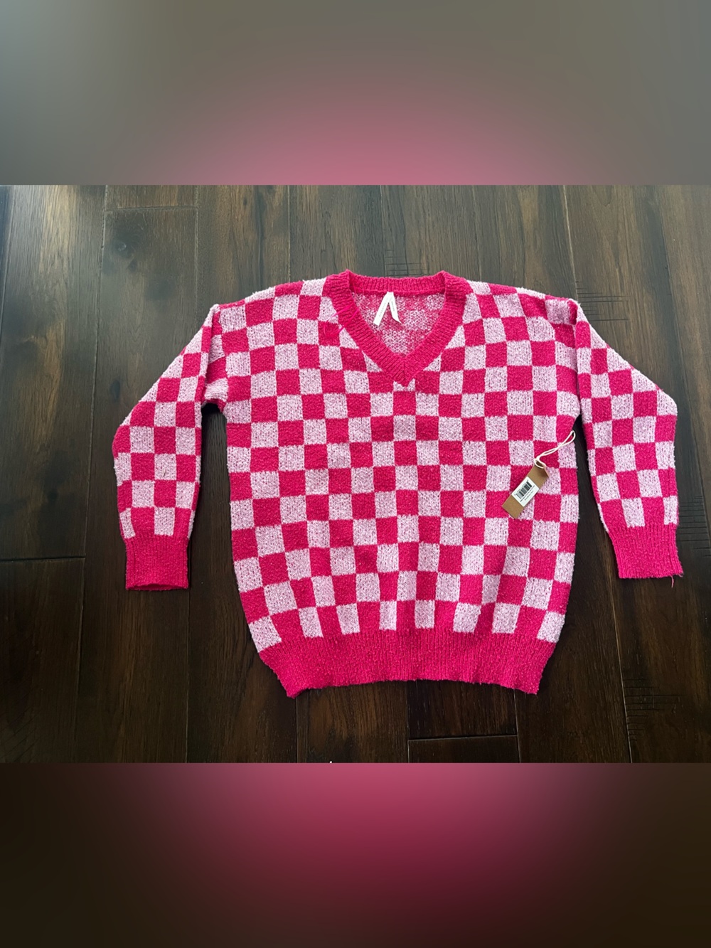 Oversized tunic vneck sweater pink checkered